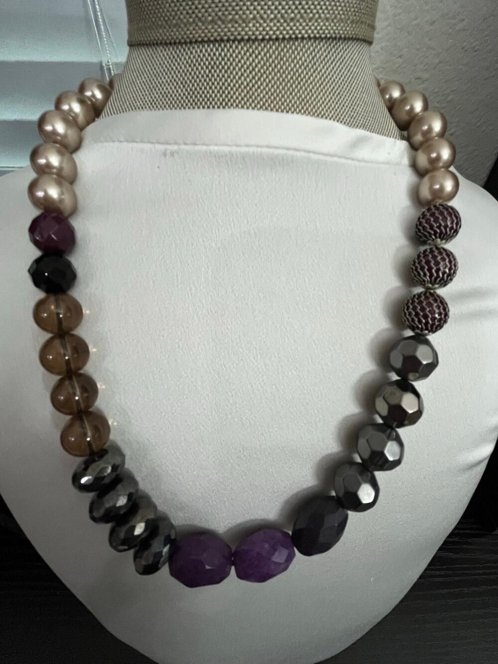 Chico's Faceted Amethyst Purple Glass Crystal & Faux Pearl Beaded Necklace